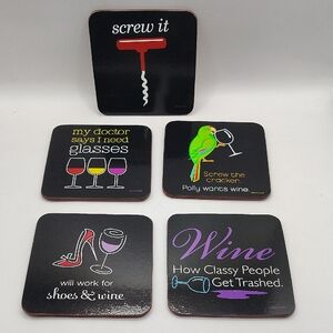 Humorous Black Wine Themed Coaster Set Of 5